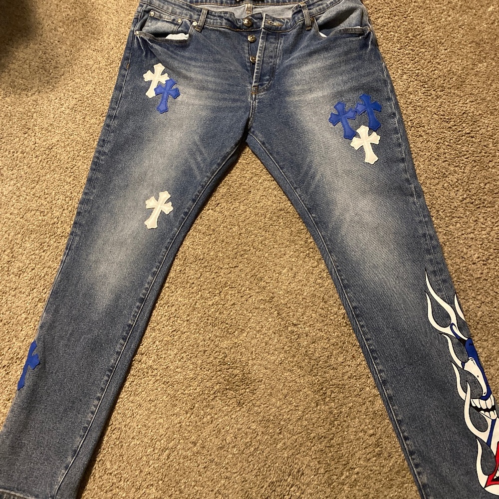 Chrome Hearts Cross Jeans Mens 34x30 Patchwork Denim Light Wash Flame Slim